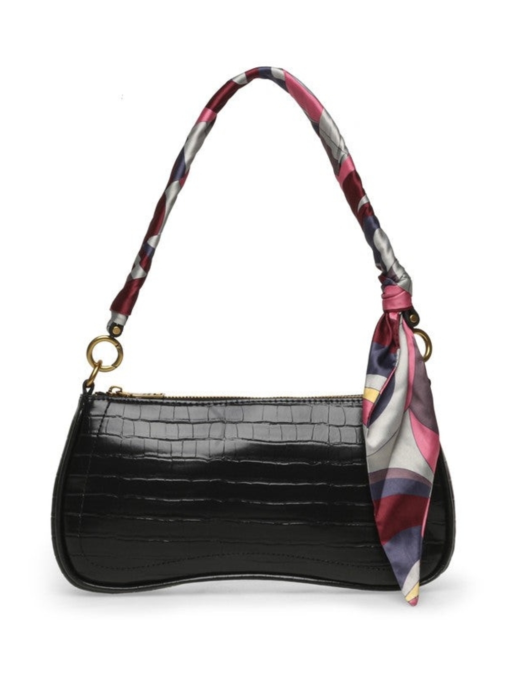Steve Madden Black Croc-Embossed Shoulder Bag with Pink-Accented Scarf